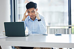 One young asian business man looking exhausted, tired and unmotivated while waiting on slow laptop connection error. Lazy man slacking and ignoring deadlines. Feeling burnout and stress in the workplace