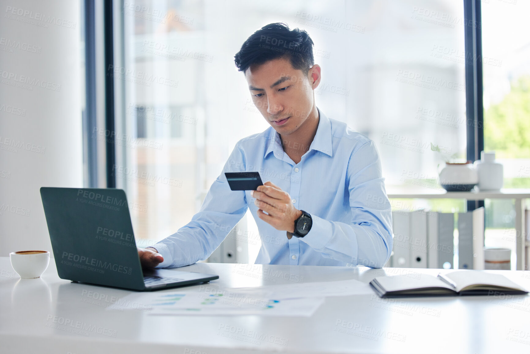 Buy stock photo Asian business man, credit card and laptop for online shopping, typing info and payment on internet. Japanese businessman, banking and password for cybersecurity with sale, discount or fintech on web