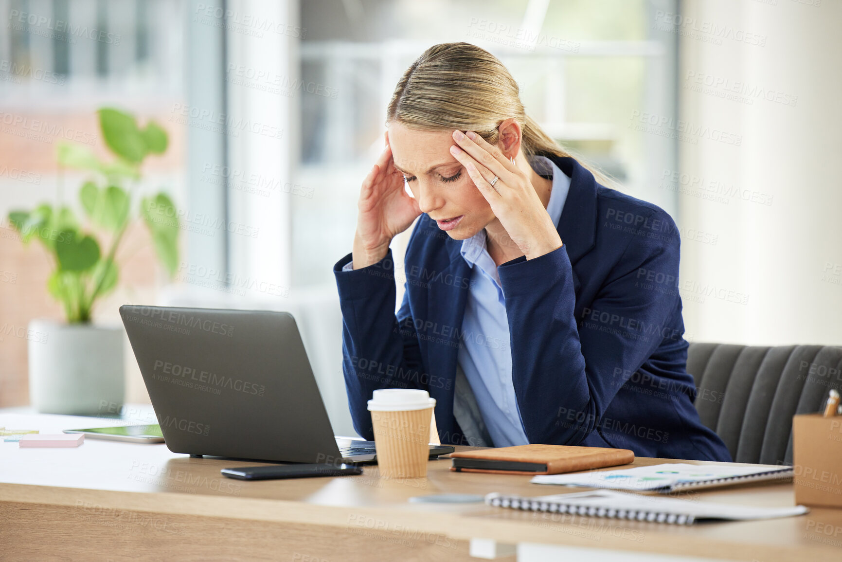 Buy stock photo Professional, woman and working and frustrated with a headache in the office with entrepreneur. Stress, burnout and business person with fatigue, anxiety at a workplace with 404 glitch on laptop.