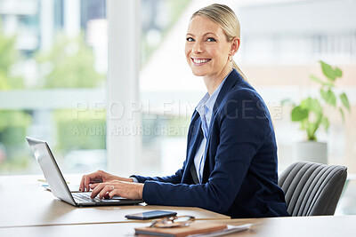 Buy stock photo Business woman, portrait and laptop of consultant with confidence and smile from job. Consultation agency, professional and happy employee at office desk with about us and computer at startup