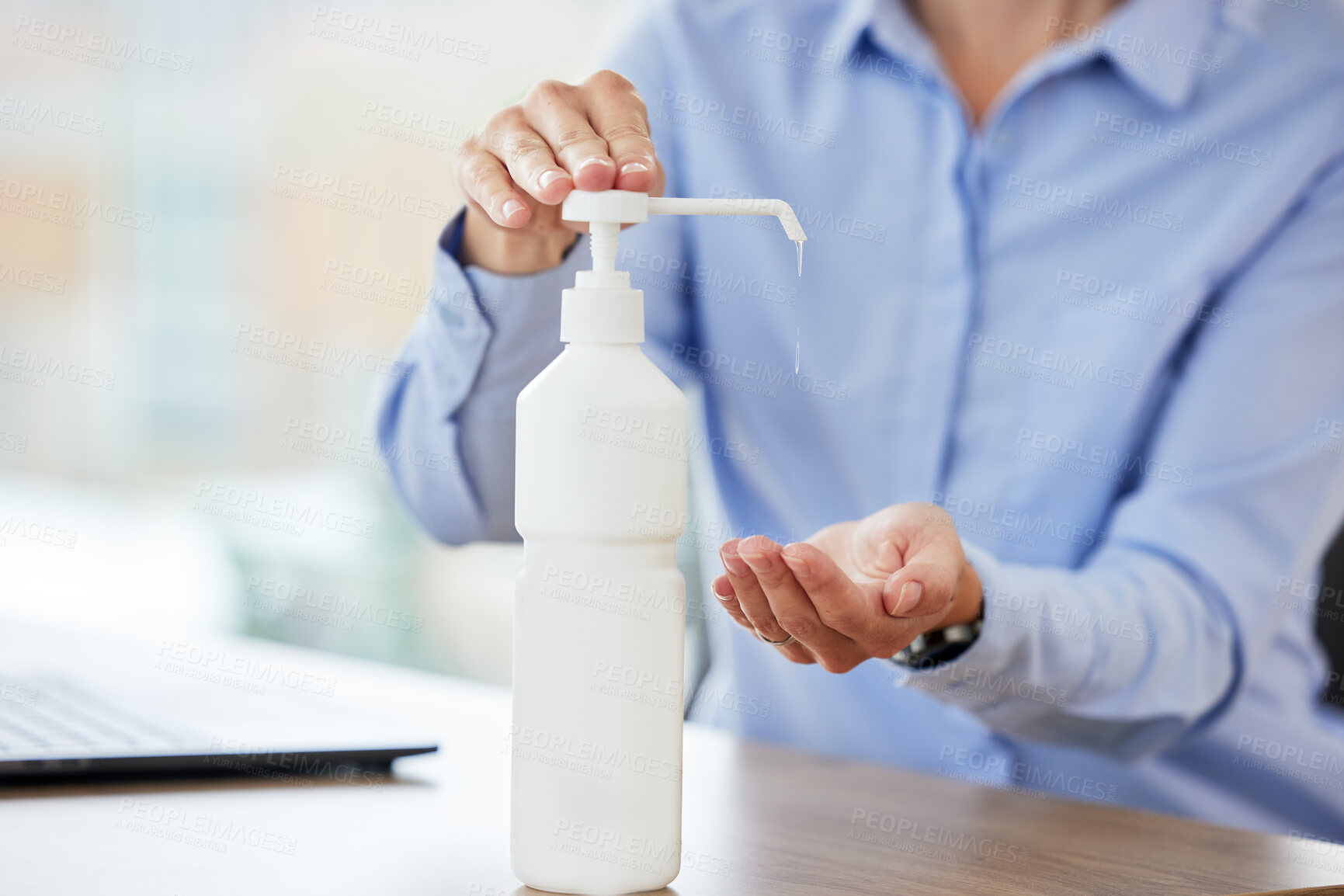 Buy stock photo Sanitizer, office and hands of person for cleaning in workplace for germs, disease and protection. Professional, corporate and worker with alcohol cleanser or liquid for hygiene, wellness and safety