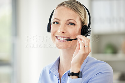Buy stock photo Consultant, portrait of woman call center agent and with headset at her workplace office. Telemarketing or customer service, networking or support and female person happy for crm at workspace
