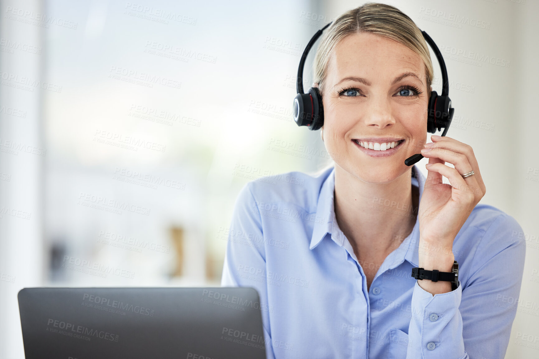 Buy stock photo Customer service, portrait of woman call center agent and with headset at her modern office. Telemarketing or consultant, networking or crm and female person happy for support at workstation