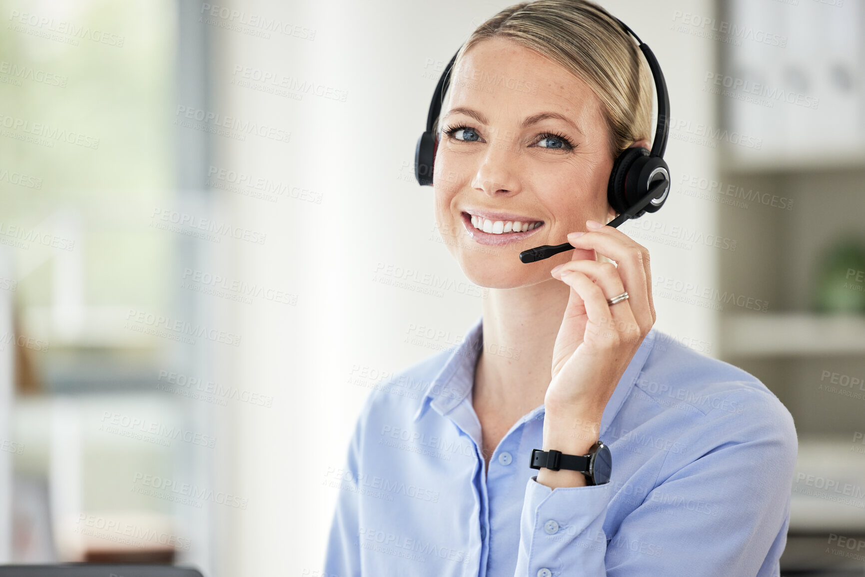 Buy stock photo Consultant, portrait of woman call center agent and with headset at her workplace office. Telemarketing or customer service, networking or support and female person happy for crm at workspace