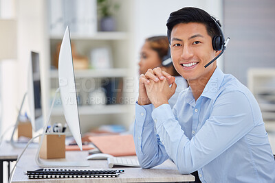 Buy stock photo Business man, portrait and call center consultation in a office working on a computer. Smile, Asian male worker and web support advice of a contact us employee with professional communication at job