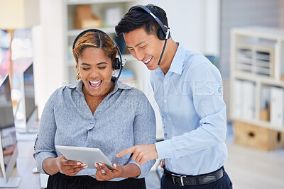 Buy stock photo Call center, man and woman with tablet, together and laugh at comic meme, funny video or social media. Young consultant team, digital touchscreen and customer service job for friends, blog and smile