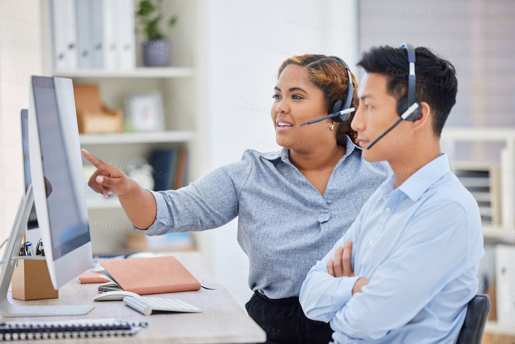 Buy stock photo Telemarketing, business woman mentor and contact us talk in a office with paperwork at desk. Call center, African female employee and consulting of a worker with web support and agent advice notes