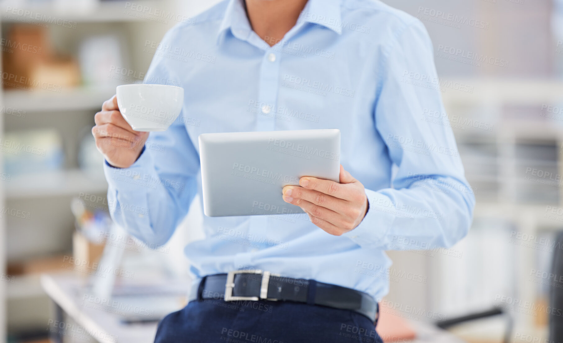 Buy stock photo Closeup, business and man with a tablet, planning and search internet with entrepreneur, online reading and break with coffee. Male person, employee or consultant with technology, tea or website info