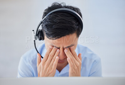 Buy stock photo Business man, telemarketing and headache with eye strain from computer 404 and consulting fail. Call center, contact us and male worker feeling tired from work deadline and consultation problem