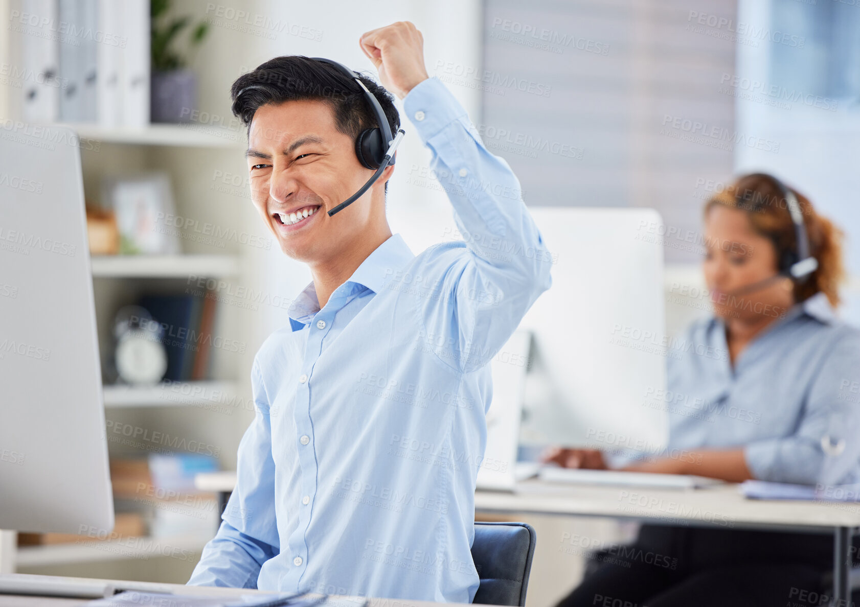 Buy stock photo Telemarketing, business man and success cheer of staff with good news and promotion email. Motivation, contact us and call center Asian employee with fist and winner gesture in office with support