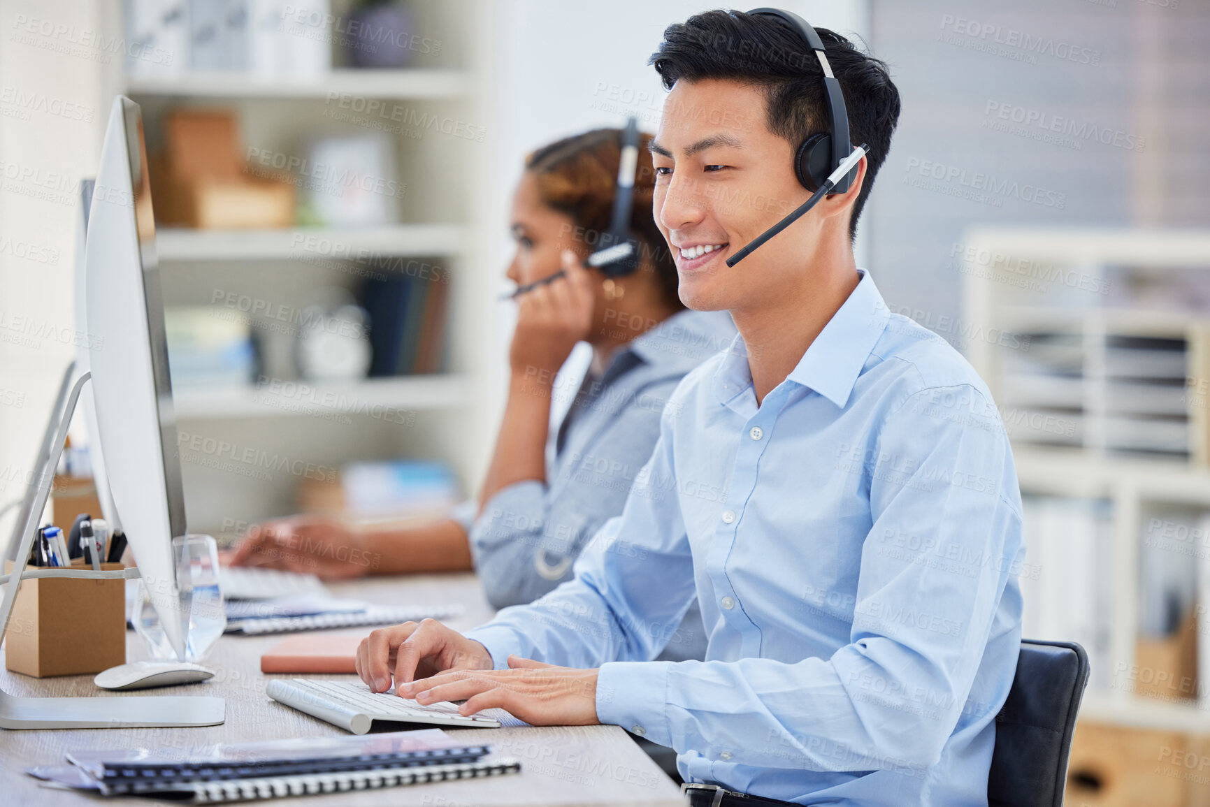 Buy stock photo Business man, telemarketing and call center consultation  in a office working on a computer. Smile, male worker and web support advice of a contact us employee with professional communication at job