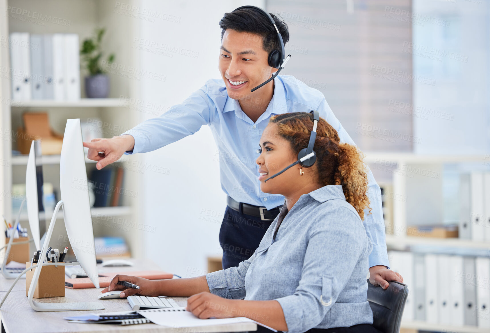 Buy stock photo Customer support, training and manager with woman on computer for help, advice and assistance. Telemarketing, call center and female intern with Asian man boss for contact, crm service and consulting