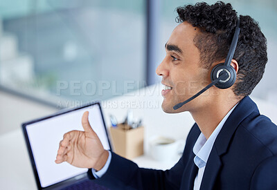 Buy stock photo Happy, call center or telemarketing agent talking in customer service office with laptop and working on computer screen. Hispanic man, businessman and consulting operator on crm and sales support