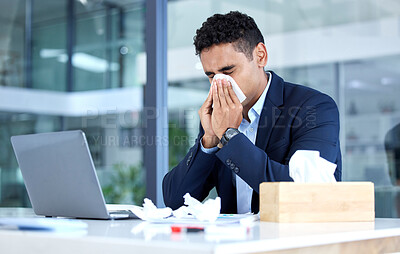 Buy stock photo Sick, sinus and business man with an allergy blowing nose with tissue in an office with a cold or virus infection. Company, worker and young person or employee sneeze at a table or desk while working