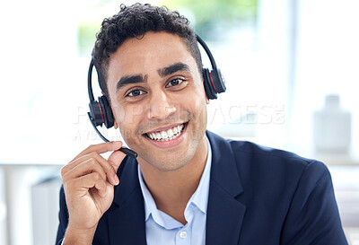 Buy stock photo Portrait, call center and business man smile in office for support, customer service or telemarketing. Face, contact us and sales agent, crm consultant and person from Brazil consulting at help desk.