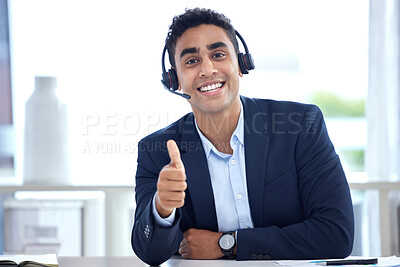 Buy stock photo Portrait, thumbs up and business man in call center office for support, trust and success. Face, like hand gesture and happy person with excellence emoji, welcome and thank you for customer service.