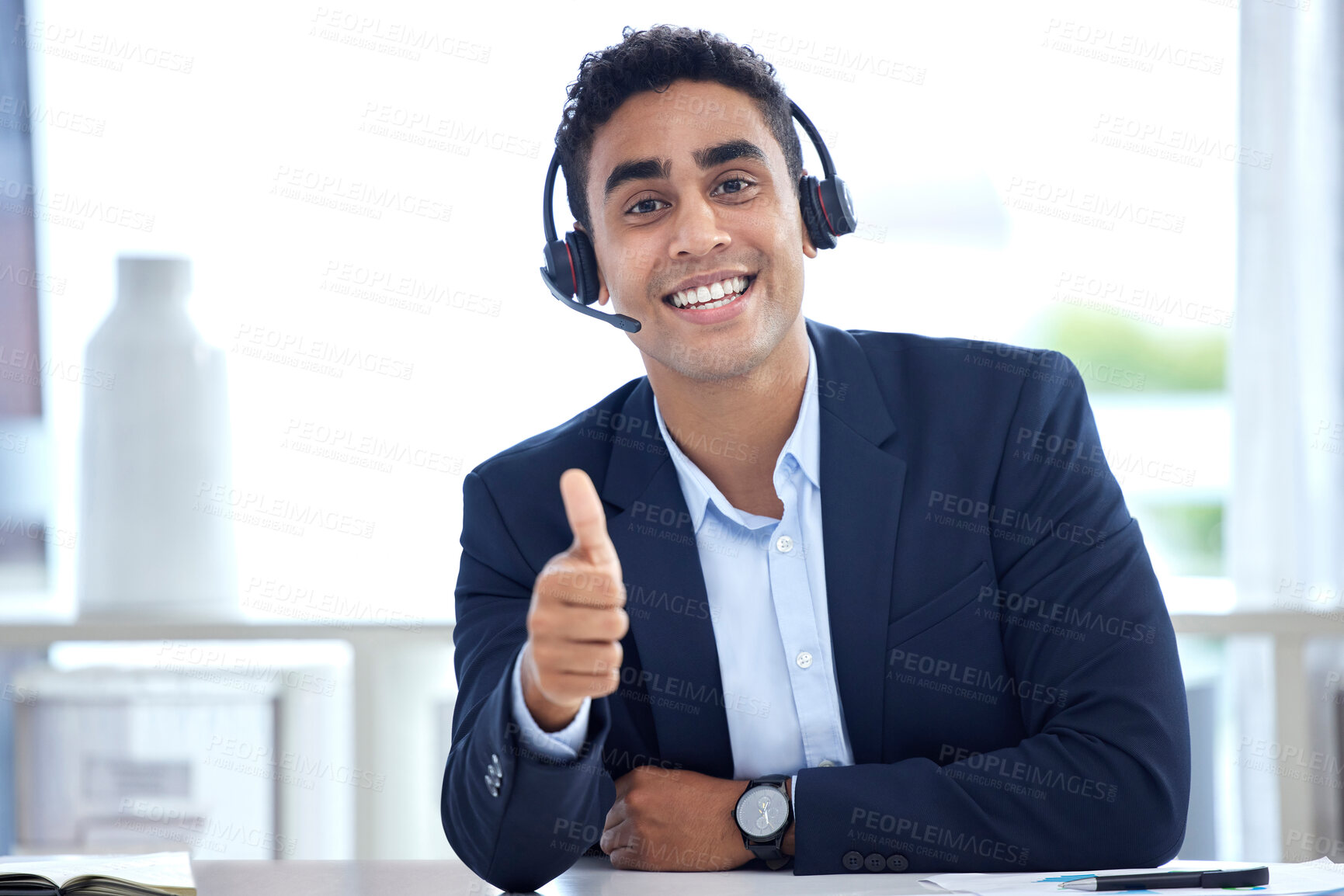 Buy stock photo Portrait, thumbs up and business man in call center office for support, trust and success. Face, like hand gesture and happy person with excellence emoji, welcome and thank you for customer service.