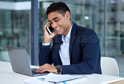 Buy stock photo Business, phone call and man with a laptop, professional and confidence with connection, communication and technology. Male person, employee and consultant with a smartphone, typing and conversation