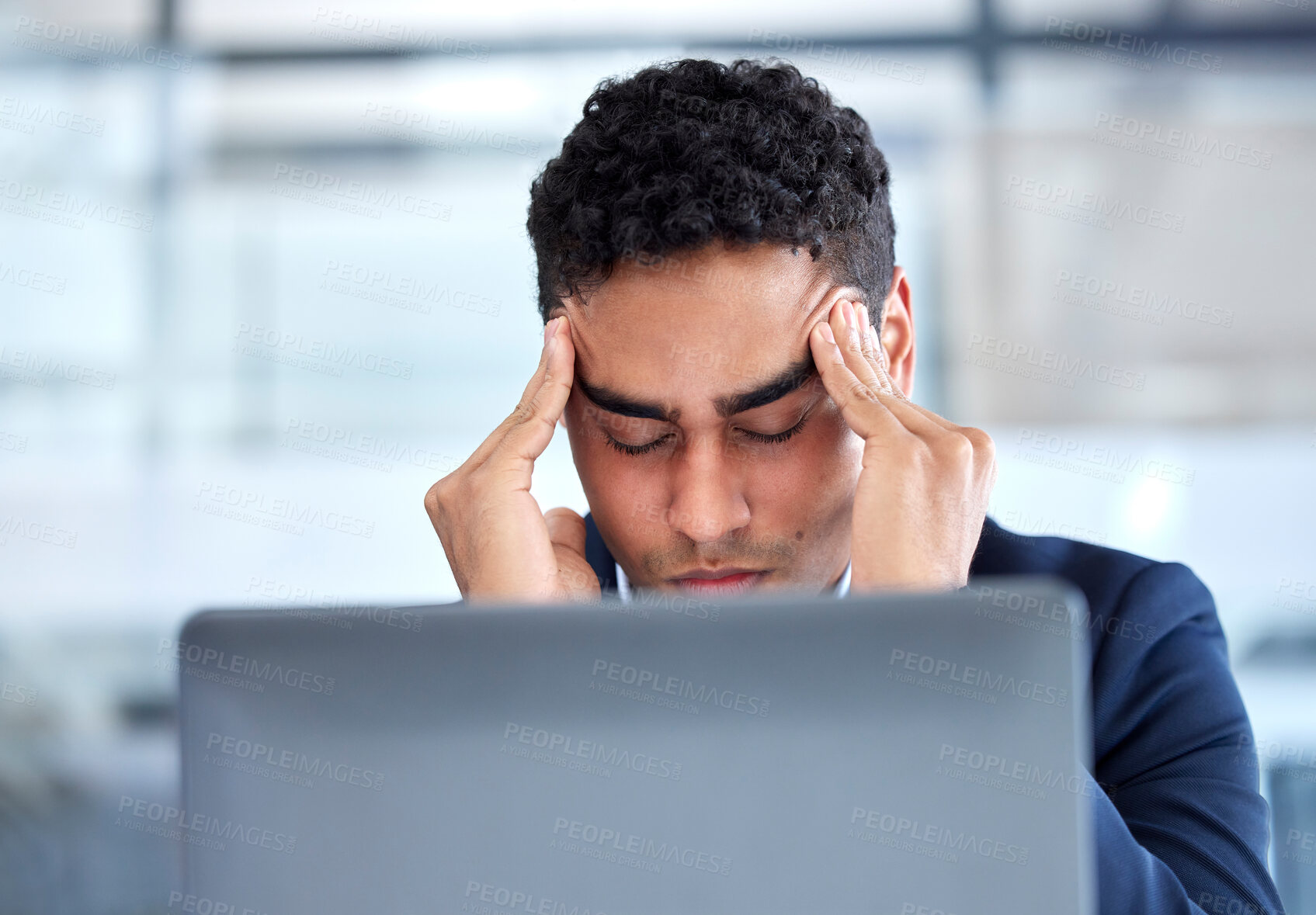 Buy stock photo Business, stress and man with a headache, laptop and consultant overworked, deadline and frustrated. Male person, employee and agent with a migraine, pc and technology with burnout and health issue