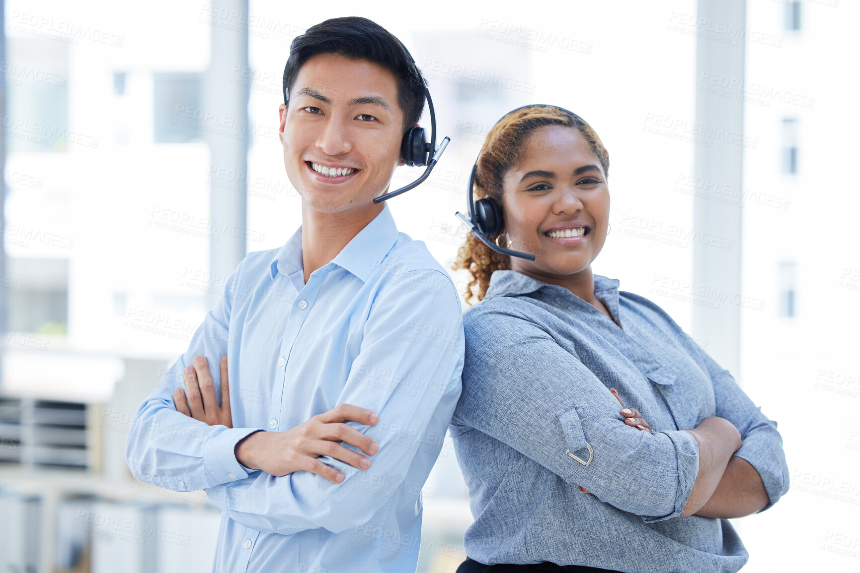 Buy stock photo Call center, arms crossed and teamwork with portrait of business people for consulting, customer service and help desk. Contact us, crm and communication with asian man and woman in office for advice