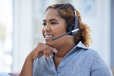 One happy smiling african american call centre telemarketing agent talking on headset in office. Face of confident and friendly businesswoman operating helpdesk for customer service and sales support
