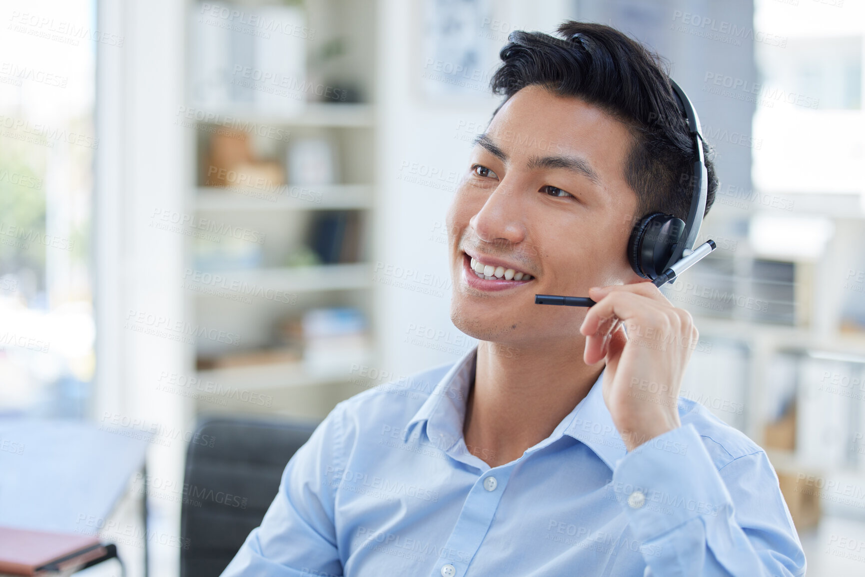 Buy stock photo Smile, call center and asian man in office for customer support, advice and friendly service. Happy, telemarketing and male consultant online for help, support or crm, faq or contact us communication