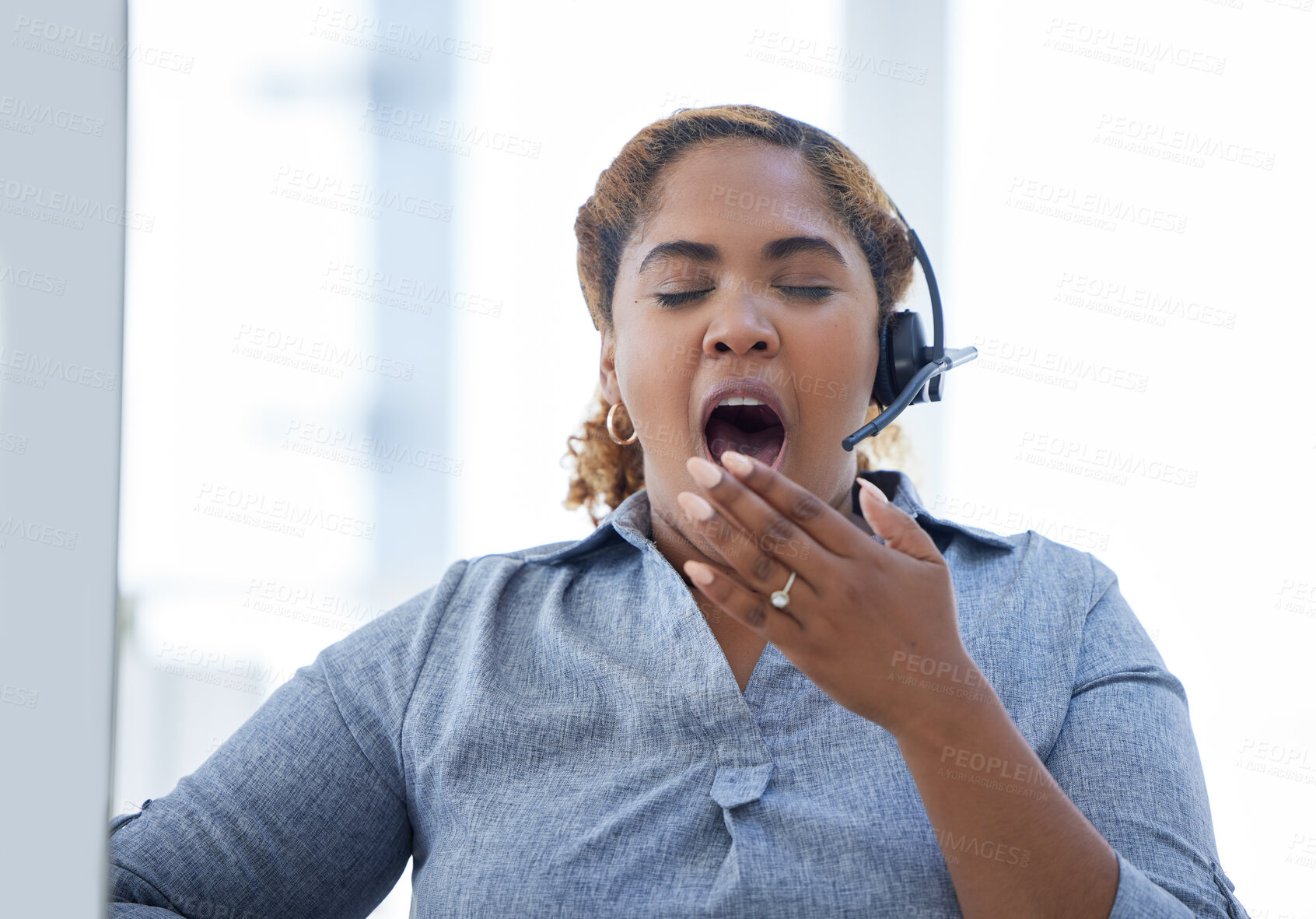 Buy stock photo Call center, yawn and tired woman in office for telemarketing, crm or contact us, exhausted and sleepy. Burnout, yawning and female consultant suffering from fatigue while working in customer service