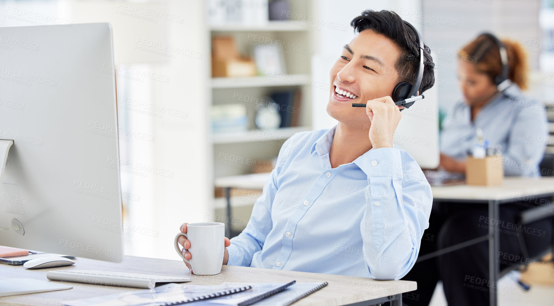Buy stock photo Man, call centre and talking on headset for phone call customer service, computer for telemarketing. Asian person, support and communication employee as agent for internet sales, care at help desk