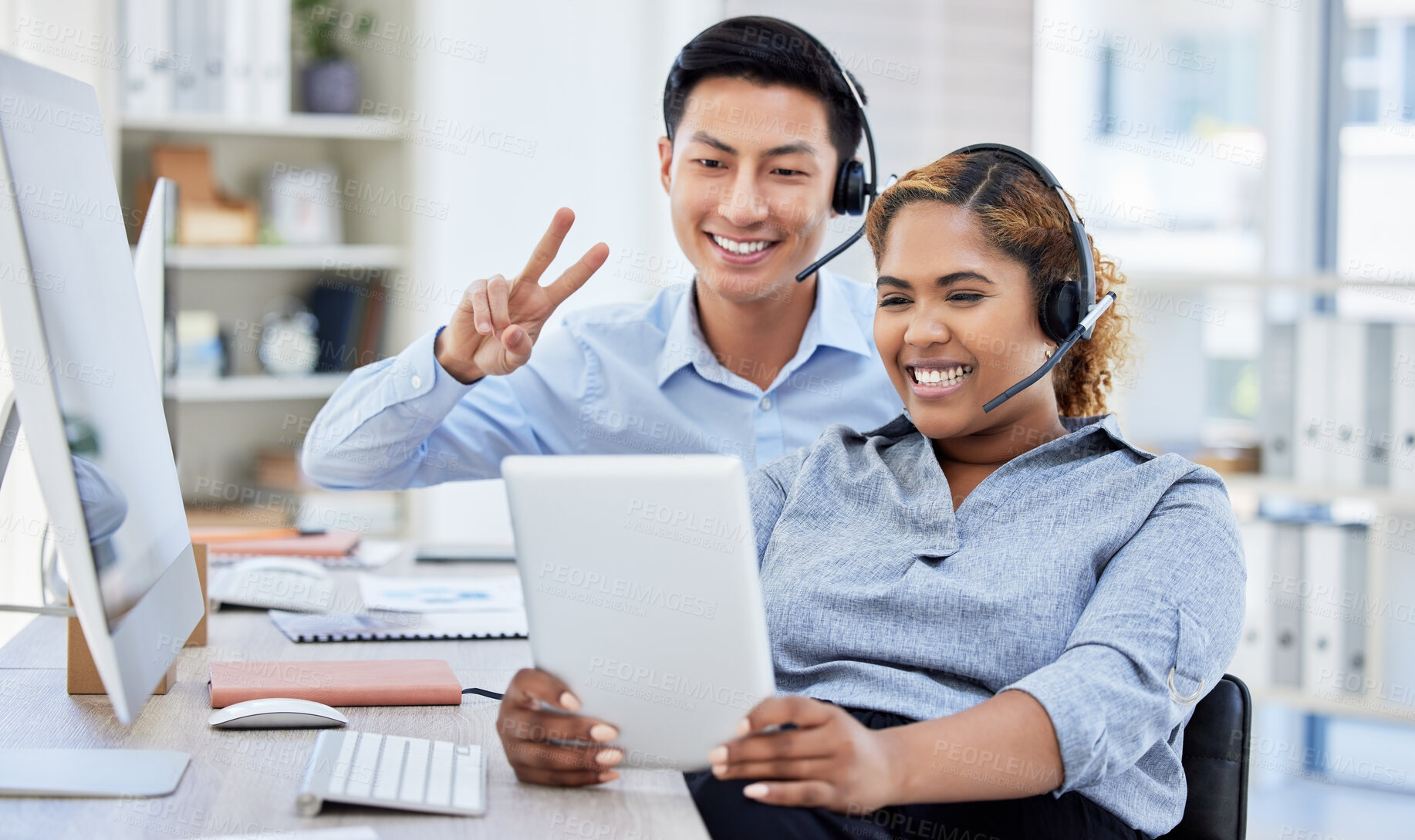 Buy stock photo Call center, man and woman with selfie, smile or peace sign  for teamwork and customer service in office. Telemarketing, people and employees or agents with tablet for social media profile picture