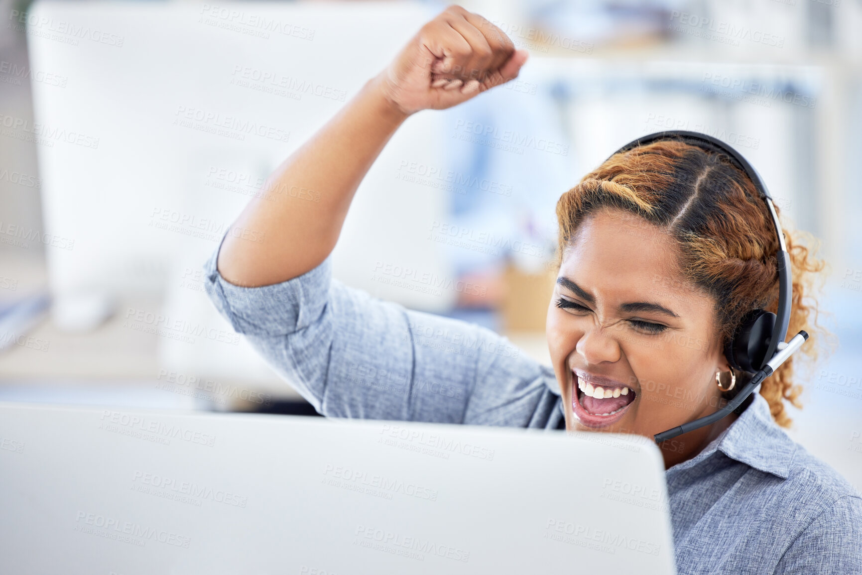 Buy stock photo Woman, computer and fist pump for win, call center and bonus or yes, emoji and corporate success. Telemarketing agent, winner and achievement in sales, target and goal or deal, celebrate and energy