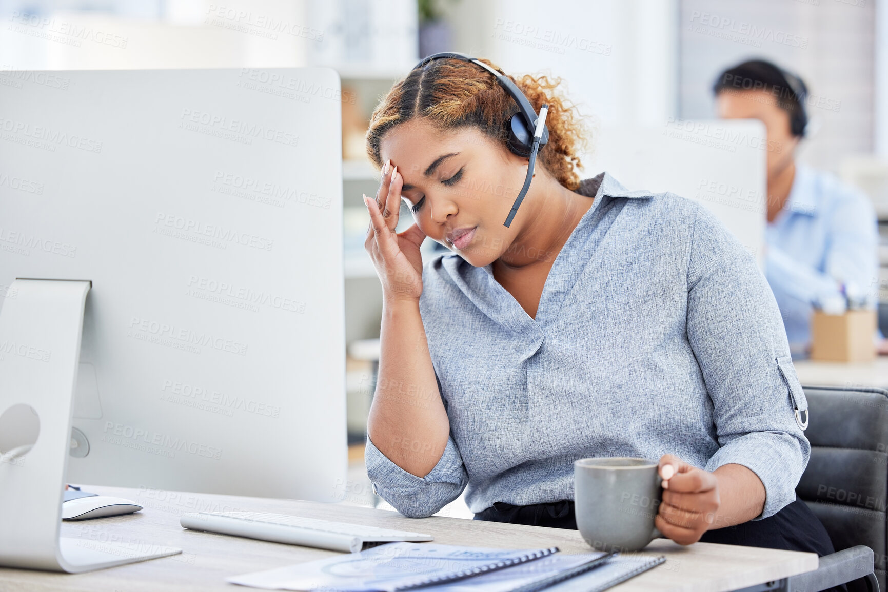 Buy stock photo Woman, call center and headache or stress, frustrated and burnout or crisis, tired and fatigue for fail. Black female agent, migraine and exhausted at work, depression and anxiety or drinking coffee