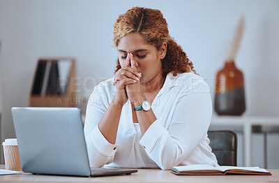 Buy stock photo Stress, error and woman laptop fail, headache and sad in a company office desk working in a business. Frustrated, burnout and young entrepreneur thinking of a risk or problem, tired and mistake