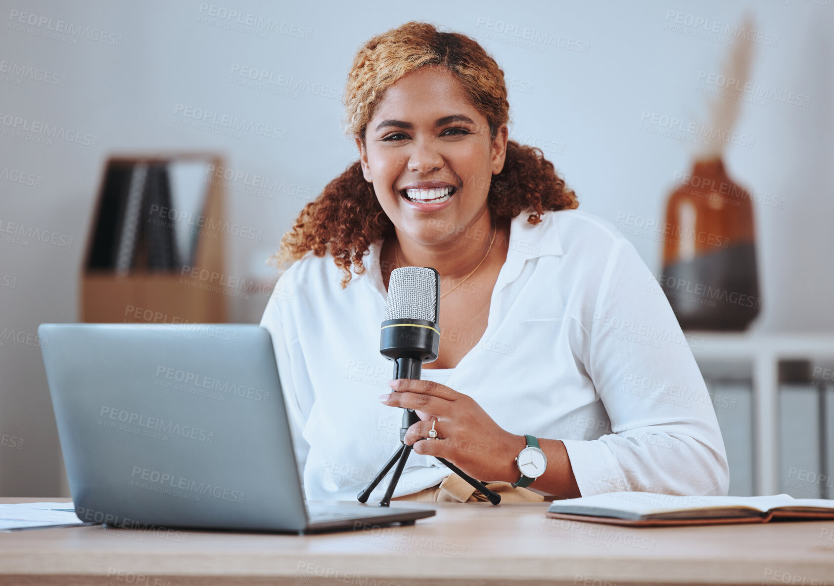 Buy stock photo Microphone, laptop and podcast with portrait of woman for news broadcast, presenter and social media. Radio, blog and communication with influencer in office for audio technology and live streaming