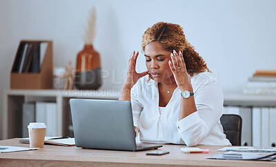 Buy stock photo Stress, headache and woman with laptop glitch, angry and sad in a company or startup office desk working. Frustrated, burnout and young entrepreneur thinking of a risk or problem, tired and mistake