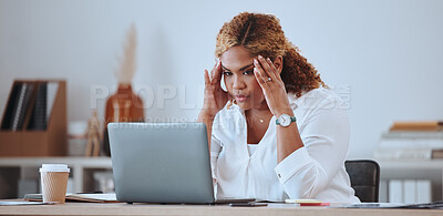 Buy stock photo Stress, angry and woman with a startup fail, headache and sad in a company office desk working on a laptop. Frustrated, burnout and young entrepreneur thinking of a risk or problem, tired and mistake