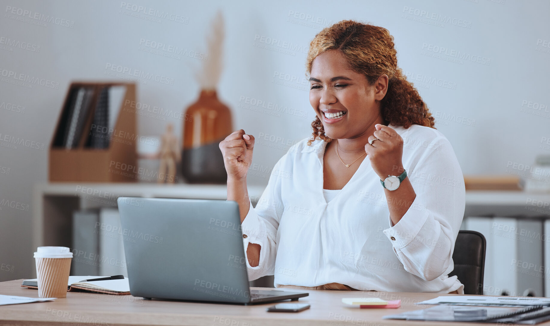 Buy stock photo Success, laptop and happy with business woman in office for winner, news and email. Celebration, technology and achievement with female employee and fist pump for promotion, surprise and discount
