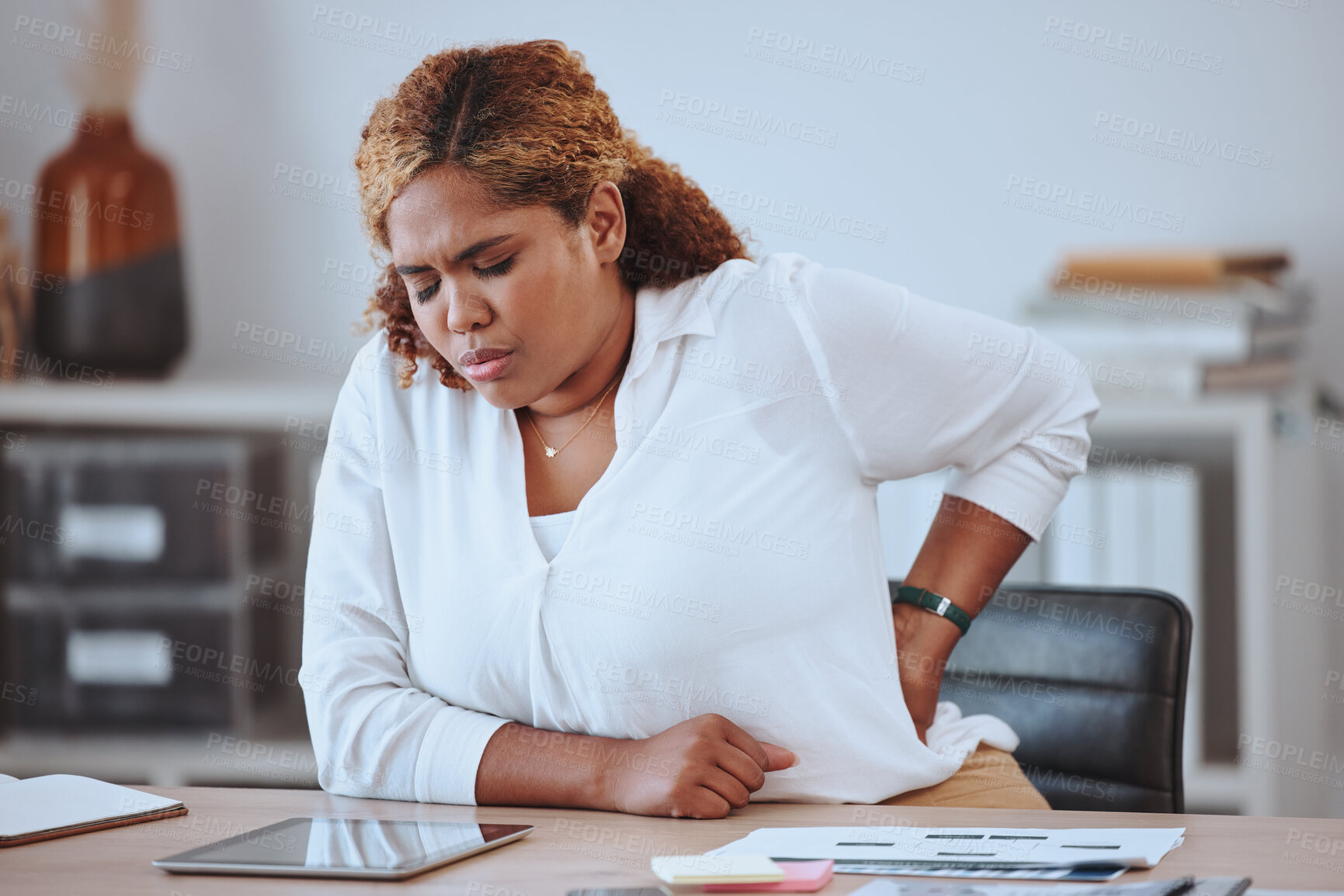 Buy stock photo Back pain, stress and business woman in office for tired, frustrated and fatigue. Emergency, injury and inflammation with female employee and body ache for overworked, exhausted and tension