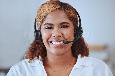 Buy stock photo Portrait of smiling african american call center agent in office. Headshot of mixed race customer care assistant wearing headset and answering calls from clients. Hispanic salesperson calling customer