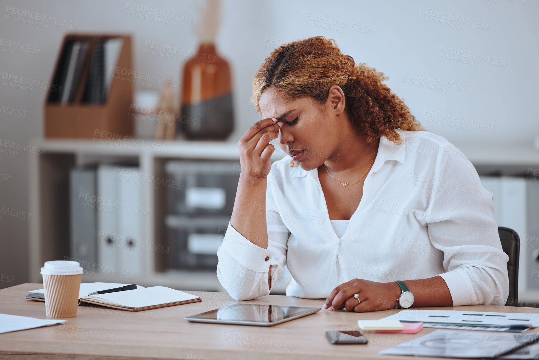 Buy stock photo Headache, stress and woman at desk with crisis, problem and issue or mistake for deadline. Anxiety, frustrated and worried female worker on digital tech with internet, network and connection fail