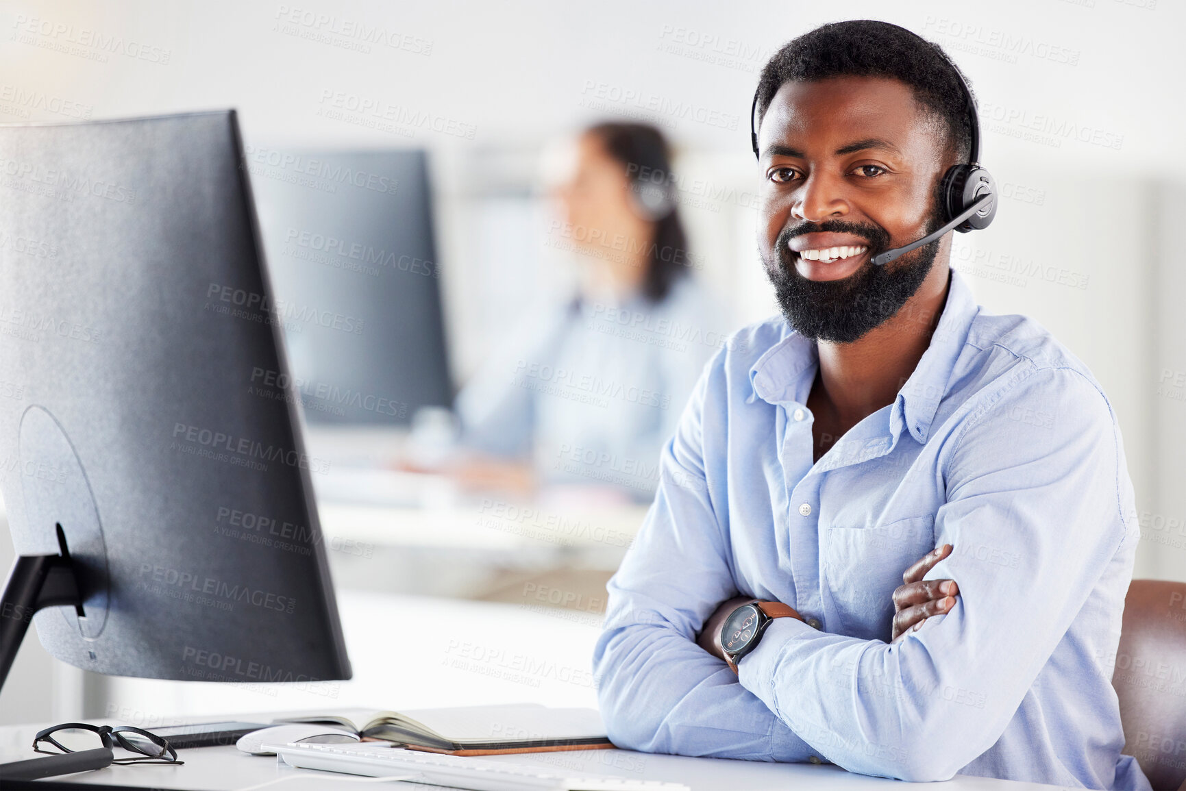 Buy stock photo Black man, call center portrait and arms crossed in office for contact us, tech support or microphone. African guy, telemarketing and happy for sales consulting, customer service or help desk for crm