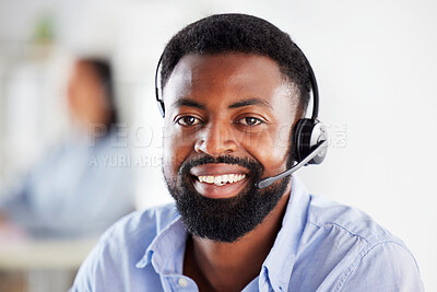 Buy stock photo Black man, call center portrait and smile in office for communication, tech support job or microphone. African guy, telemarketing and happy for sales consulting, customer service or help desk for crm