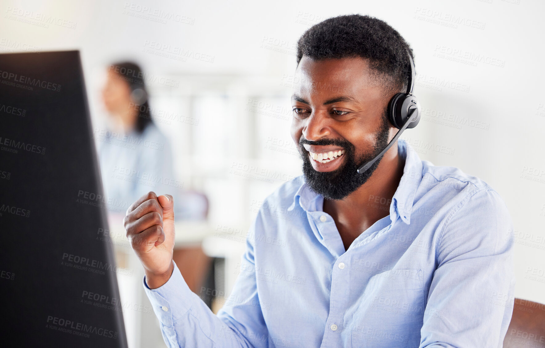 Buy stock photo African man, call center and fist celebration with smile, win or success with profit, bonus or promotion. Young black consultant, winner and goals in telemarketing office on fintech, stock or trading