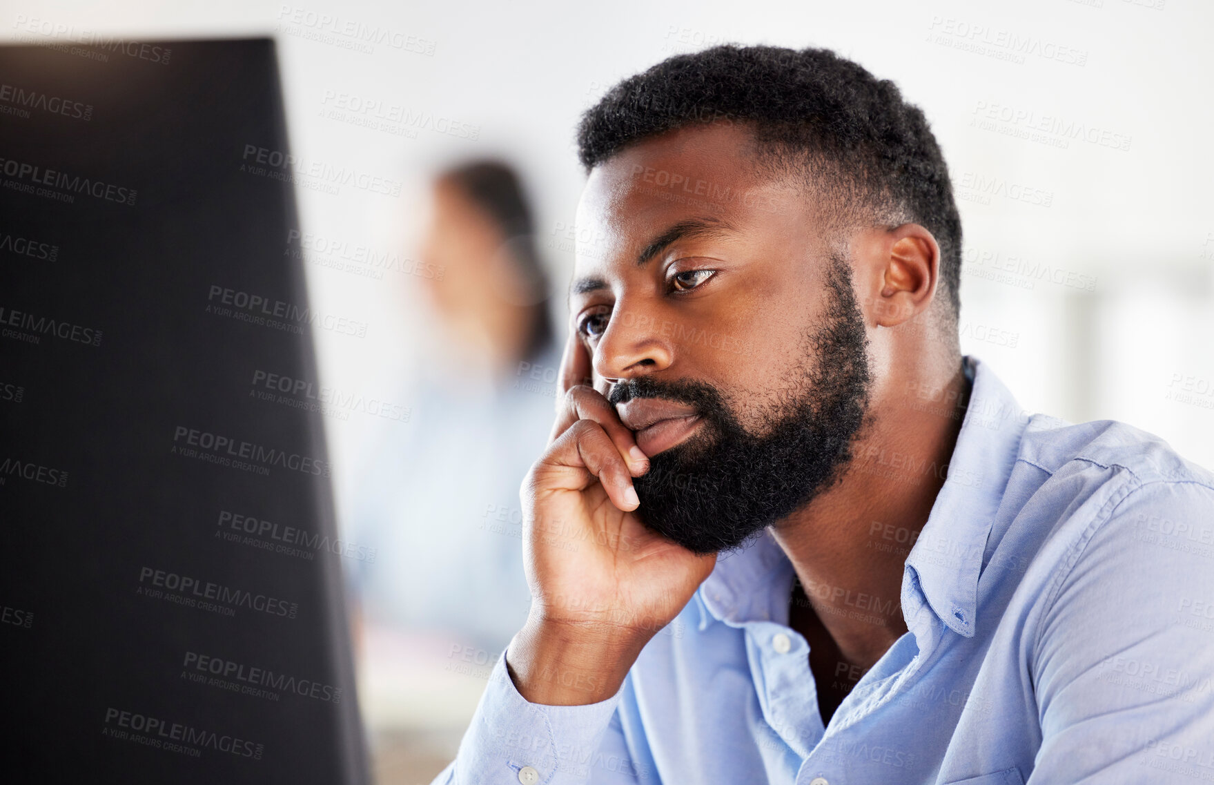 Buy stock photo Black businessman, bored and tired in office with computer, finance job and stress at desktop. African business man, pc and fatigue in workplace for financial advisor with fail, mistake or exhausted