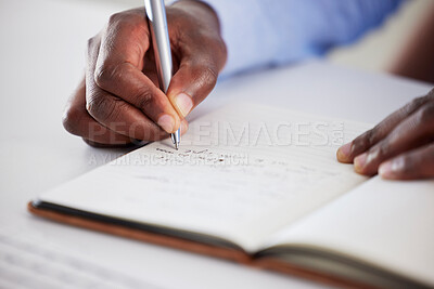 Buy stock photo Closeup, business and man writing, hands and schedule with project, feedback and deadline. Zoom, male person and writer with a notebook, brainstorming and ideas for development, journal and planning