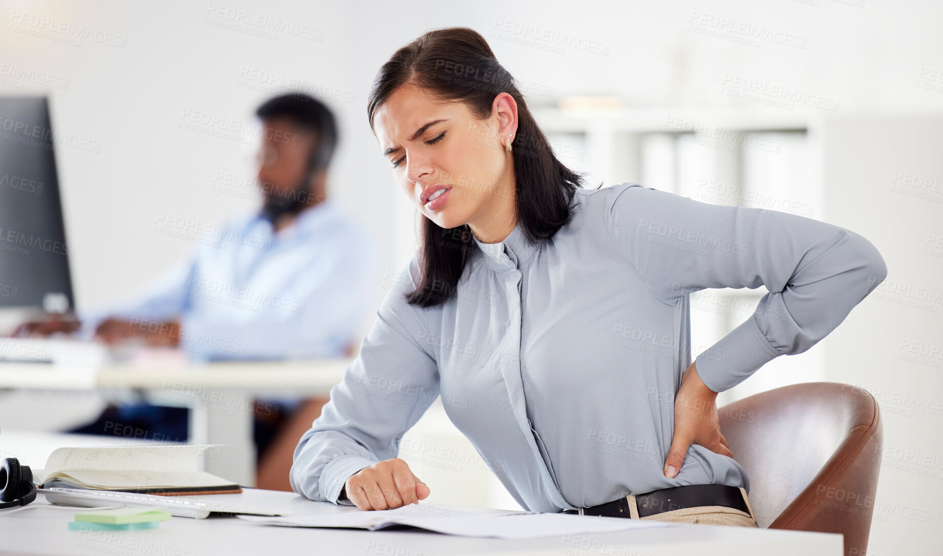 Buy stock photo Business, back pain and woman with burnout, health issue and muscle strain with professional, overworked and stress. Female person, employee and consultant with tension, inflammation and spine injury