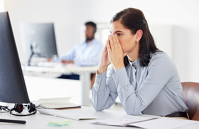 Buy stock photo Woman, frustrated and working on computer with customer service, support online crm consulting. Businesswoman, anxiety and stress at work with communication, email or internet mistake in office