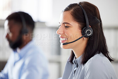 Buy stock photo Woman, face and headset, callcenter and contact us with customer service agent in workplace with smile. CRM, phone call and tech support with telecom, female consultant for help desk and mockup space