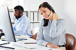 One young stressed caucasian female call centre telemarketing agent suffering with neck pain in an office. Businesswoman feeling tense strain, discomfort and hurt from muscles with poor sitting posture and long working hours at desk