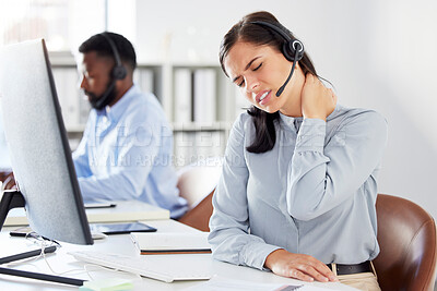 Buy stock photo Call center, neck pain and woman with injury in office, arthritis or fibromyalgia. Sales agent, spine problem and person with burnout, muscle fatigue and tired, stress and emergency after accident.