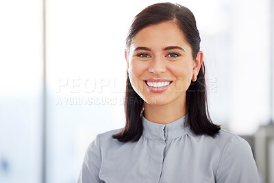 Buy stock photo Portrait, business and woman with a smile, consultant and confidence with startup success, formal and joy. Face, female person or employee with a career, company growth or professional in a workplace